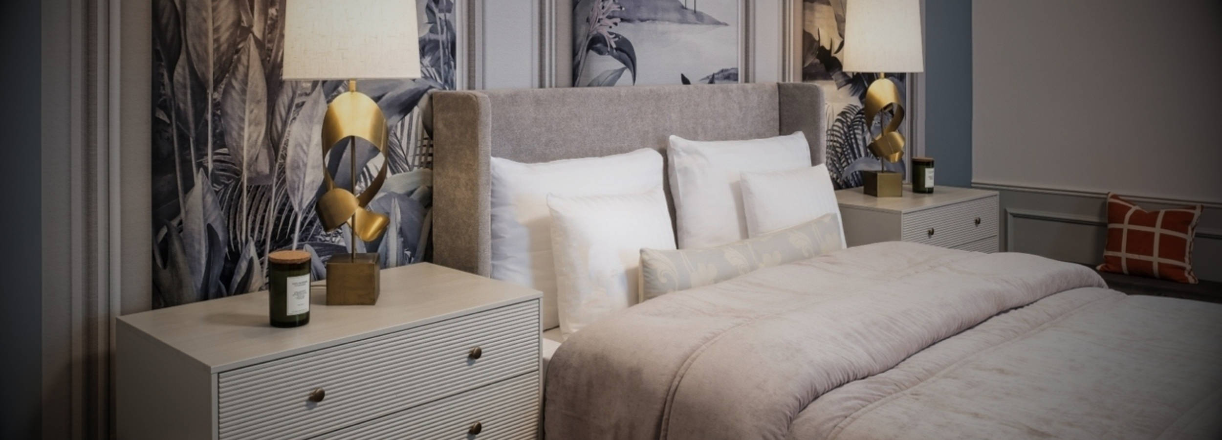 Hotel suite with UNAR bedroom furniture — beds, sofa and accessories